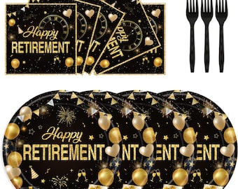 Retirement Party Tableware Set | 72PCS Black Gold Plates Napkins Forks Disposable Happy Retirement Decor