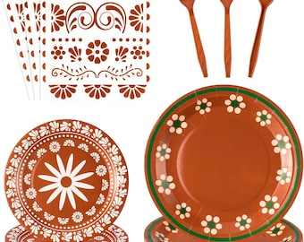 Cielito Lindo Fiesta Tableware Set | 96PCS Terracotta Plates, Napkins, Forks