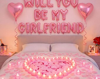 Kit de globos rosas para propuesta de matrimonio / Decoración romántica para la noche de tu novia, globos en forma de corazón, velas LED