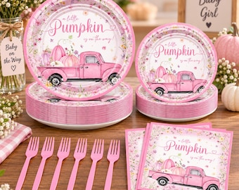 96 Pcs Pink Little Pumpkin Baby Shower Tableware Set, Fall Party Decor for 24