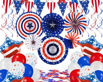 4th of July Party Decor Set | Patriotic Paper Fans, Streamers, USA Flag Banner (46PCS)