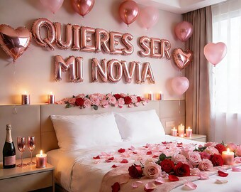 Quieres Ser Mi Novia – Kit de Globos de Oro Rosa / Globos de Corazón, Decoración de Propuesta de Pétalos de Rosa