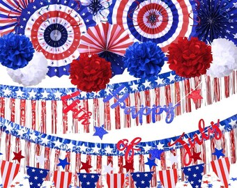 4th of July Party Decorations Set | Patriotic Paper Fans, Swirls, Banner