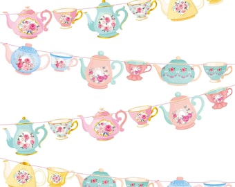 Banner vintage para fiesta de té / Decoraciones colgantes con tetera floral / Decoración para despedida de soltera y fiesta de cumpleaños