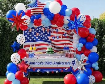 Kit de guirnalda de globos rojos, blancos y azules / Decoraciones patrióticas del 250 aniversario de Estados Unidos con la bandera de EE. UU. en lámina metálica