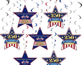 Espirales colgantes del 250 aniversario de EE. UU. / Decoración patriótica para fiestas en rojo, blanco y azul