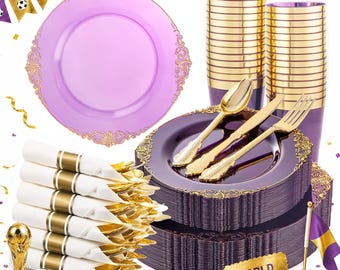 Juego de platos desechables color oro púrpura para 30 invitados / Vajilla, vasos y cubiertos de estilo barroco para fiestas.