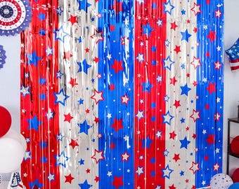 Cortinas de flecos de oropel rojo, blanco y azul / Fondo patriótico para fotomatón (paquete de 3)