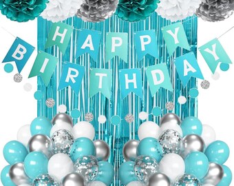 Teal Blue Silver Birthday Decorations Set | Happy Birthday Banner Fringe Curtain Balloons Party Decor