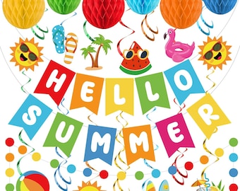Pancarta "Hola Verano", decoraciones para fiestas en la playa o la piscina, espirales colgantes, bolas de panal.