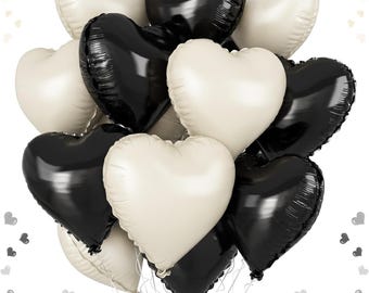 Globos de papel metalizado en forma de corazón blanco y negro / Decoración para fiestas de 45 cm
