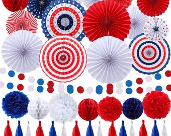 Set de decoración para la fiesta del 4 de julio / Abanicos de papel rojos, blancos y azules, bolas de nido de abeja, borlas