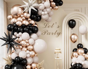 Black Gold Balloon Arch Kit: Sand White Champagne Garland, Star Foil Balloons, Party Decorations