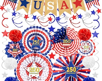 250th Anniversary Patriotic Decorations Set | USA Garland, Paper Fans, Swirls