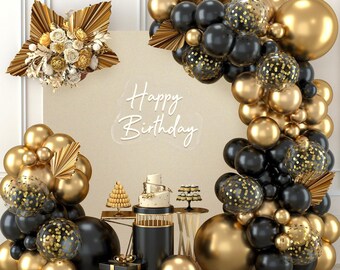 Kit de arco de globos negro y dorado / Guirnalda de confeti para decoraciones de fiestas de cumpleaños, graduación y baile de fin de curso.