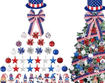 Decoraciones patrióticas para el árbol / Adornos del 4 de julio: gnomos, estrellas, lazos