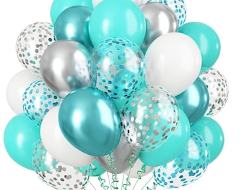 Globos azul verdoso plateados / Globos de confeti verde menta turquesa y blanco para la decoración de baby shower