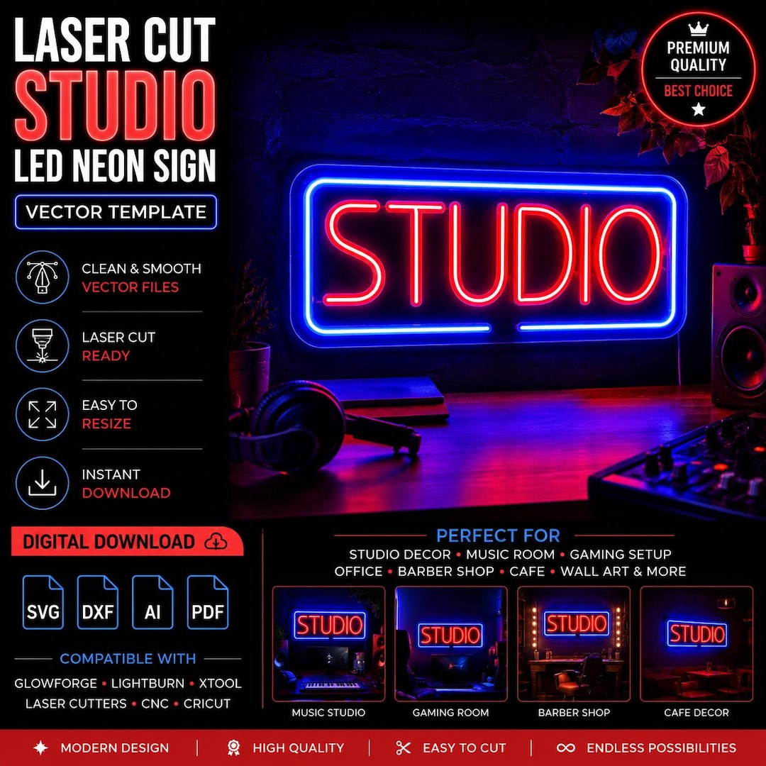 Studio Sign Layout Studio LED Neon Sign Vector Template | Laser Cut Glowforge DXF (digital ...