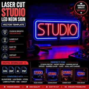 Peut inclure: Enseigne au néon "STUDIO" rouge avec un contour bleu, idéale pour la décoration de studio. Le signe est un modèle vectoriel, disponible en téléchargement instantané aux formats SVG, DXF, AI et PDF. Compatible avec Glowforge, Lightburn, Xtool.