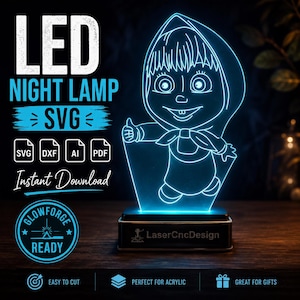 May include: A blue LED night lamp featuring a cartoon character giving a thumbs up. The lamp is on a black base with the text "LaserCncDesign". The image includes the text "LED NIGHT LAMP SVG Instant Download".