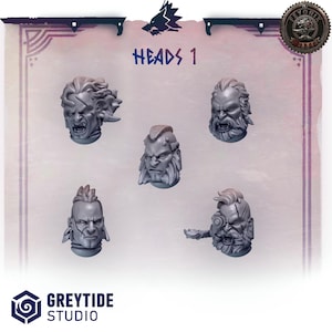 Può includere: Cinque teste in miniatura grigie dettagliate con espressioni arrabbiate. Il testo "HEADS 1" è visualizzato sopra le teste. Il logo Greytide Studio è in basso e un emblema circolare in alto a destra.
