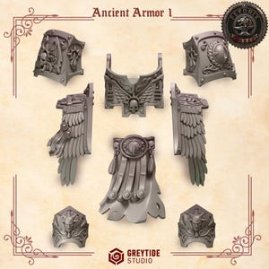 Peut inclure: Ensemble d'éléments d'armure anciens gris, comprenant des épaulières, des plastrons et un casque. L'armure présente des détails complexes tels que des crânes, des ailes et des éléments décoratifs. Le texte "Ancient Armor 1" est en haut.