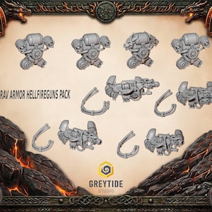 Könnte beinhalten: Eine Sammlung grauer Kunststoff-Miniaturkomponenten des Grav Armor Hellfireguns Pack. Das Bild zeigt mehrere Waffen- und Rüstungsteile sowie den Text "GRAV ARMOR HELLFIREGUNS PACK" und das Greytide Studio-Logo. Diese Komponenten sind wahrscheinlich für Tabletop-Spiele gedacht.