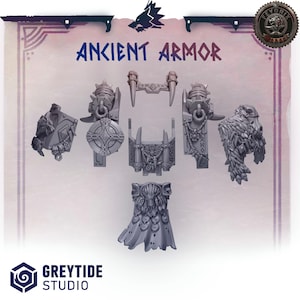 Puede incluir: Un conjunto de piezas de armadura en miniatura grises y detalladas, que incluyen hombreras, escudos y una coraza. El texto "ANCIENT ARMOR" se muestra arriba. El logotipo de Greytide Studio está en la parte inferior.