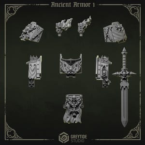 Puede incluir: Un conjunto de componentes de resina gris en miniatura etiquetados como Ancient Armor 1, que incluye hombreras con motivos de cadenas y calaveras, dos llamas, una placa pectoral con detalles de calavera y una espada larga con guarda.