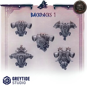 Peut inclure: Cinq mini-sacs à dos gris aux motifs complexes, comprenant des formes circulaires et géométriques, sont présentés sur un fond clair. Le texte "BACKPACKS 1" est visible. Le logo GreyTide Studio est en bas.