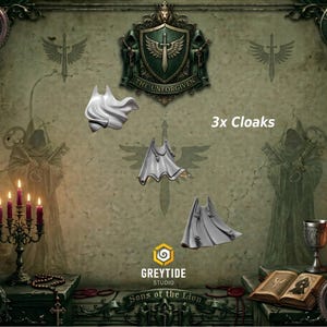 Può includere: Una composizione artistica con tre mantelli in varie tonalità di bianco e grigio, su uno sfondo con illustrazioni in stile gotico e il testo "3x Cloaks". L'immagine include un emblema a scudo e il testo "THE UNFORGIVEN".