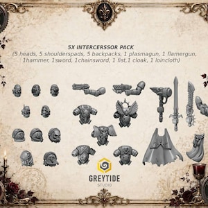 Puede incluir: Un paquete 5X Intercessors que contiene 5 cabezas, 5 hombreras, 5 mochilas, 1 arma de plasma, 1 lanzallamas, 1 martillo, 1 espada, 1 espada sierra, 1 puño, 1 capa y 1 taparrabos. Los componentes grises en miniatura se muestran sobre un fondo decorativo.