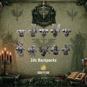 Puede incluir: Un conjunto de 10 mochilas en miniatura de color gris para figuras de juegos de mesa. La colección incluye varios diseños con detalles mecánicos, alas y motivos de calaveras. El texto 10x Backpacks aparece centrado bajo los objetos.