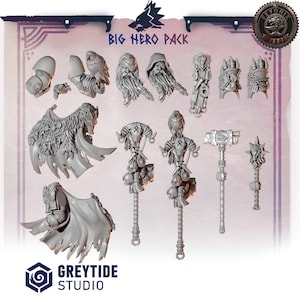 Puede incluir: Colección de figuras en miniatura sin pintar, que incluye varias cabezas de personajes, piezas de armadura y armas. El texto "BIG HERO PACK" es visible en la parte superior. El logotipo de GreyTide Studio está en la parte inferior.