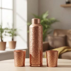 Peut inclure: Une bouteille d'eau cylindrique en cuivre avec un bouchon à vis assorti et deux petits gobelets en cuivre assortis. La bouteille et les gobelets présentent un motif abstrait en relief composé de formes arrondies irrégulières.