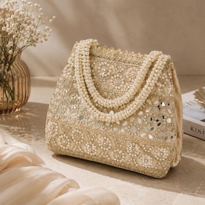 Golden Mirror Embroidered Handbag, Pearl Handle Bridal Purse, Ethnic Party Clutch