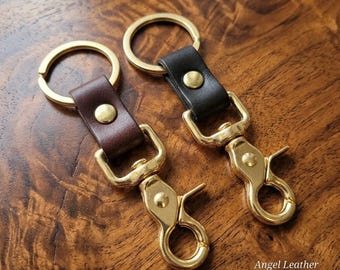 Heavy Duty Solid Brass Trigger Snap Key Clip: Brown or Black Leather Keychain