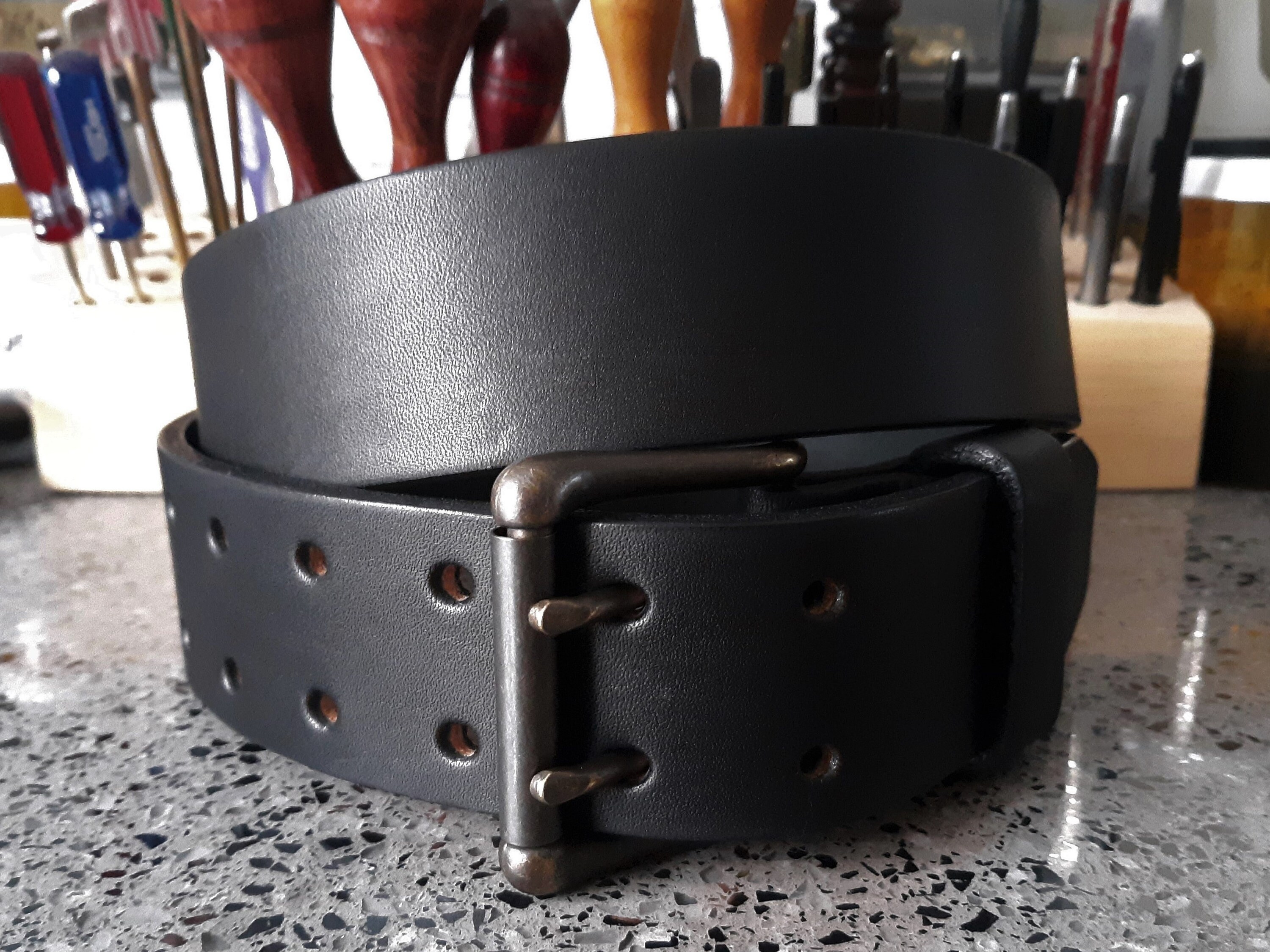 Heavy Duty Men's Black Leather Belt 2 Prong Antiqued Latón Etsy