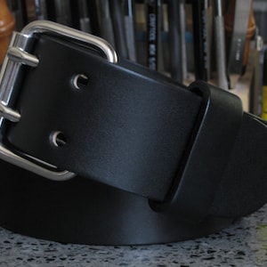 Men&#39;s Black Leather Belt 1.5&quot; or 1.75&quot; Wide Full Grain Bridle Leather Belt 2 Prong Buckle Double Hole Thick Leather Belt Angel Leather