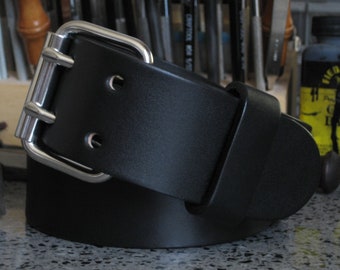 Men's Black Leather Belt 1.5" or 1.75" Wide Thick Full Grain Bridle Leather Belt 2 Prong Buckle Double Hole Leather Belt Angel Leather