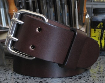 Men's Brown Leather Belt 1.5" or 1.75" Wide Thick Full Grain Bridle Leather Belt 2 Prong Buckle Double Hole Leather Belt