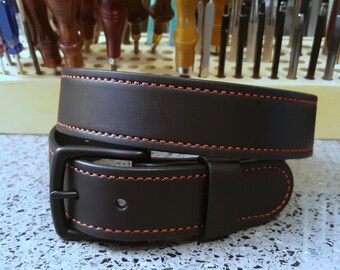 Black Leather Belt Men's Black Leather Belt Red Stitched Thick Leather Belt Bridle Leather Belt 1.5" Wide Angel Leather