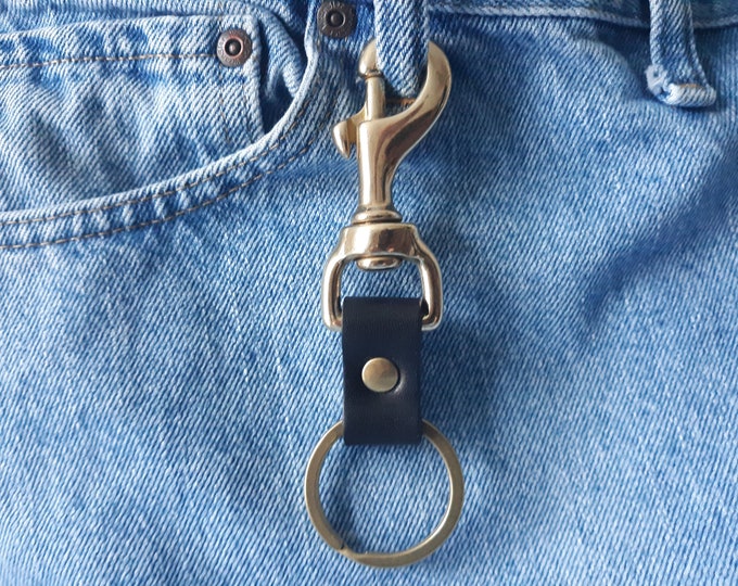 Heavy Duty Solid Brass Swivel Snap Key Clip Key Ring Black Leather