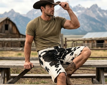 Pantaloncini in pelle di mucca / Western neri e bianchi in pelle con pelo, lunghezza al ginocchio, stile cowgirl rodeo