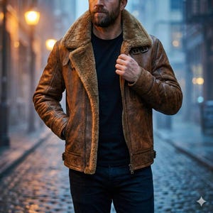 May include: A brown leather jacket with a thick tan faux fur lining and collar. The jacket features a front zipper closure, metal buckles at the neck and side waist, and long sleeves. It is worn over a plain black t-shirt and dark denim jeans.