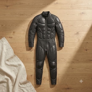 Könnte beinhalten: Ein schwarzer Leder-Jumpsuit mit durchgehendem Frontreißverschluss und integrierten Polsterungen an Brust, Bauch, Schultern, Armen und Beinen, der durch eine strukturierte, anatomische Silhouette die menschliche Muskulatur nachahmt.
