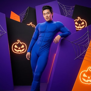 Blue Superhero Muscle Suit Understructure for Cosplay Armor, Padded Men's Spandex Bodysuit, Comic Con Costume Base,Padded Athletic Undersuit