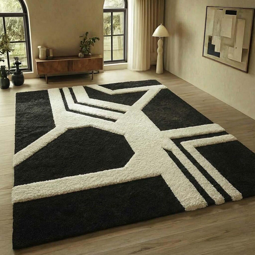 Hand Tufted Wool Geometric Area Rug – Modern Black Ivory Carpet Decor ...