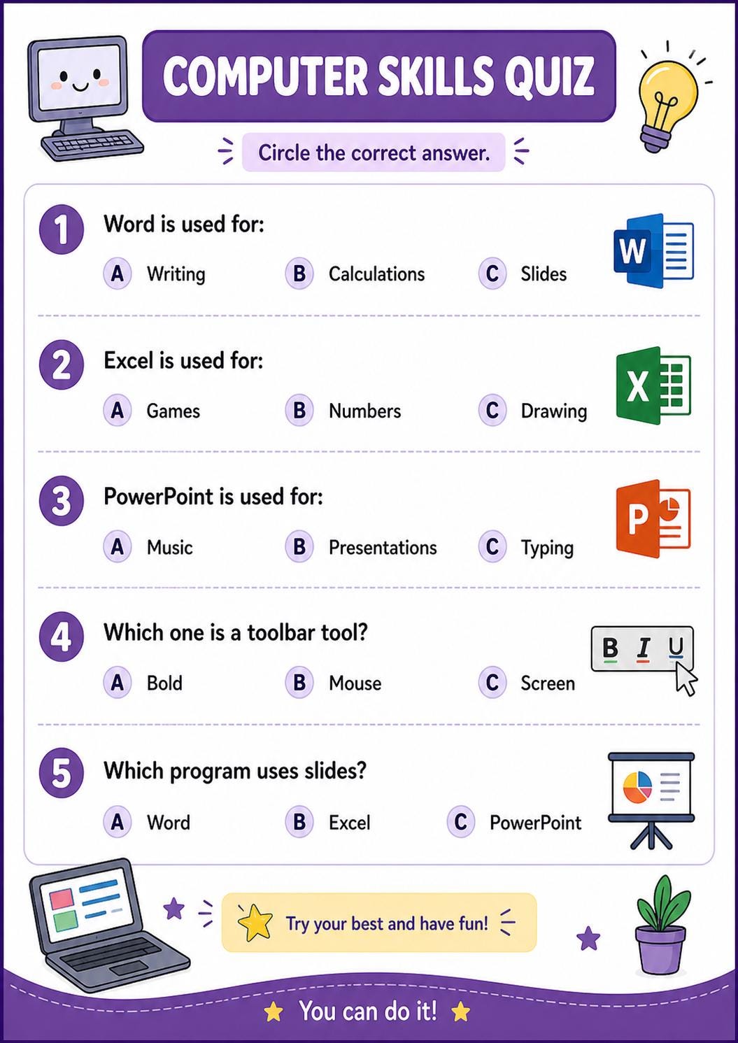 Computer Skills Worksheets for Kids | Printable Digital Activities ...