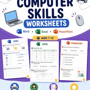 May include: Printable computer skills worksheets for ages 7-12, covering Word, Excel, and PowerPoint. Includes 7 pages with exercises on saving documents, formatting text, and using formulas. Engaging and educational for teachers and students.